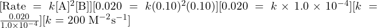 [\text{Rate} = k[\text{A}]^2[\text{B}]][0.020 = k (0.10)^2 (0.10)][0.020 = k \times 1.0 \times 10^{-4}][k = \frac{0.020}{1.0 \times 10^{-4}}][k = 200 \text{ M}^{-2}\text{s}^{-1}]