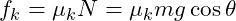  f_k = \mu_k N = \mu_k m g \cos \theta 