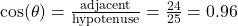  \cos(\theta) = \frac{\text{adjacent}}{\text{hypotenuse}} = \frac{24}{25} = 0.96 