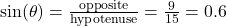  \sin(\theta) = \frac{\text{opposite}}{\text{hypotenuse}} = \frac{9}{15} = 0.6 