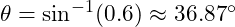  \theta = \sin^{-1}(0.6) \approx 36.87^\circ 