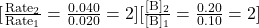 [\frac{\text{Rate}_2}{\text{Rate}_1} = \frac{0.040}{0.020} = 2] [\frac{[\text{B}]_2}{[\text{B}]_1} = \frac{0.20}{0.10} = 2]