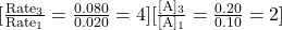 [\frac{\text{Rate}_3}{\text{Rate}_1} = \frac{0.080}{0.020} = 4] [\frac{[\text{A}]_3}{[\text{A}]_1} = \frac{0.20}{0.10} = 2]