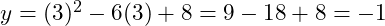  y = (3)^2 - 6(3) + 8 = 9 - 18 + 8 = -1 