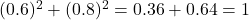  (0.6)^2 + (0.8)^2 = 0.36 + 0.64 = 1 