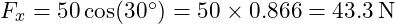 F_x = 50 \cos(30^\circ) = 50 \times 0.866 = 43.3 \, \text{N}