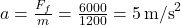  a = \frac{F_f}{m} = \frac{6000}{1200} = 5\, \text{m/s}^2 