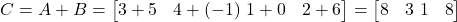  C = A + B = \begin{bmatrix} 3 + 5 & 4 + (-1) \ 1 + 0 & 2 + 6 \end{bmatrix} = \begin{bmatrix} 8 & 3 \ 1 & 8 \end{bmatrix} 