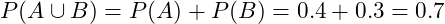  P(A \cup B) = P(A) + P(B) = 0.4 + 0.3 = 0.7 