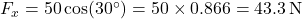 F_x = 50 \cos(30^\circ) = 50 \times 0.866 = 43.3 \, \text{N}