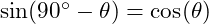  \sin(90^\circ - \theta) = \cos(\theta) 