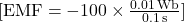 [ \text{EMF} = -100 \times \frac{0.01 \, \text{Wb}}{0.1 \, \text{s}} ]