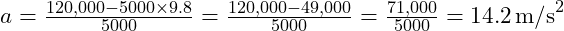  a = \frac{120,000 - 5000 \times 9.8}{5000} = \frac{120,000 - 49,000}{5000} = \frac{71,000}{5000} = 14.2 \, \text{m/s}^2